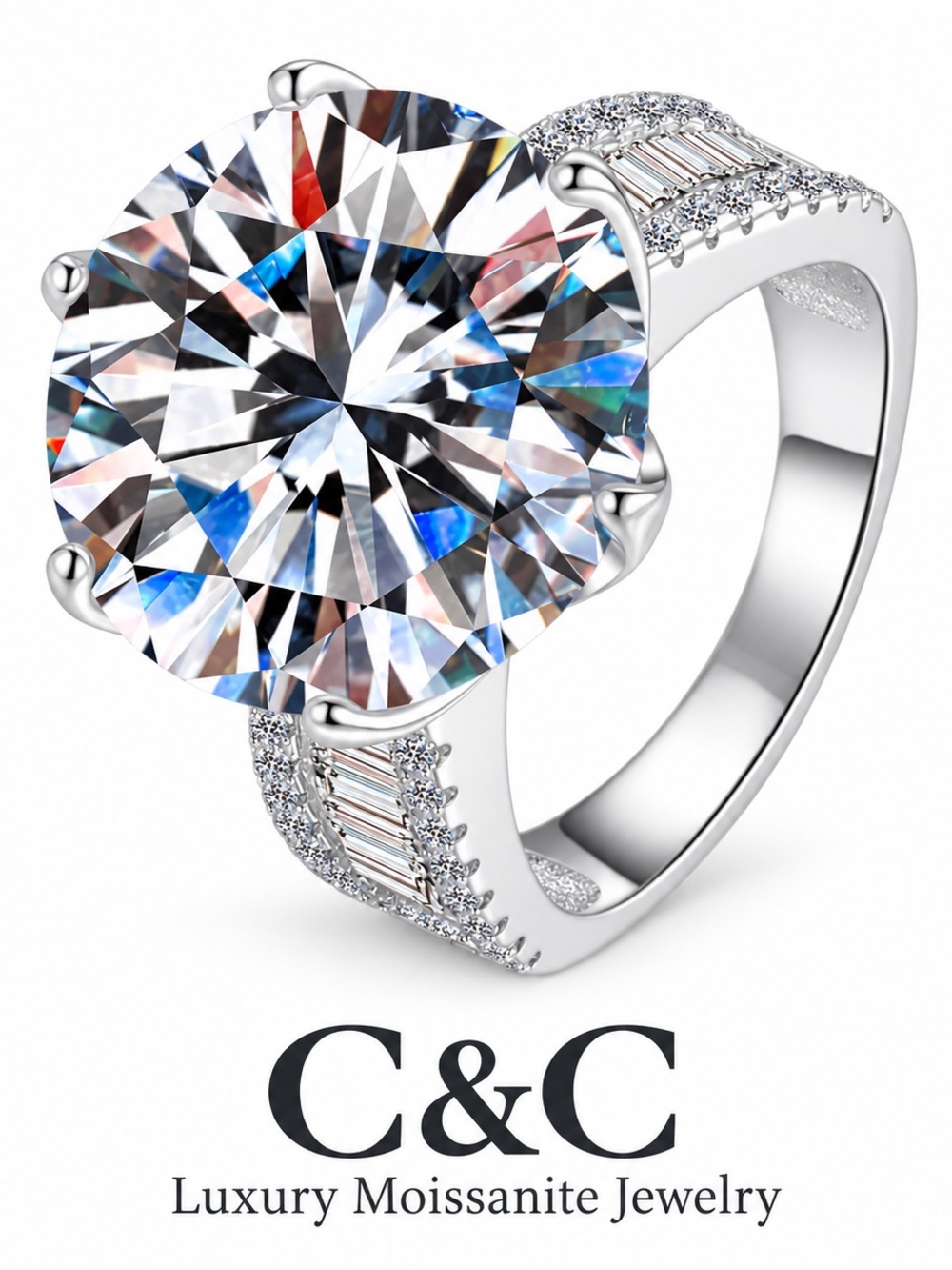 C.C Silver Ring with White Sparkling Center and Accent Stones